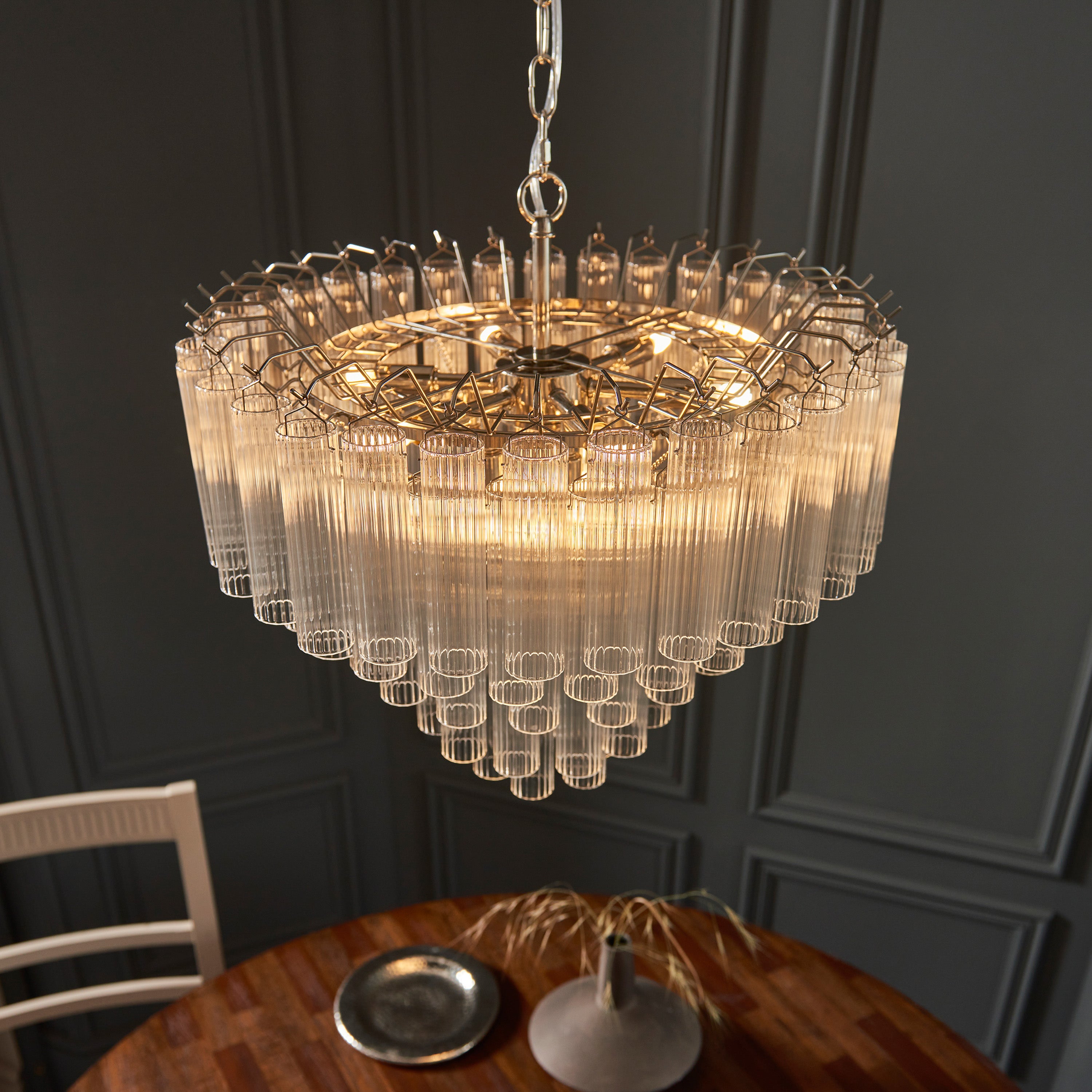 Balma Polished Nickel & Ribbed Glass Tiered Chandelier